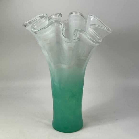 Murano Art Glass Vase Encased Green White Swirl Ruffled Rim 16" Italian Blown - Picture 4 of 16